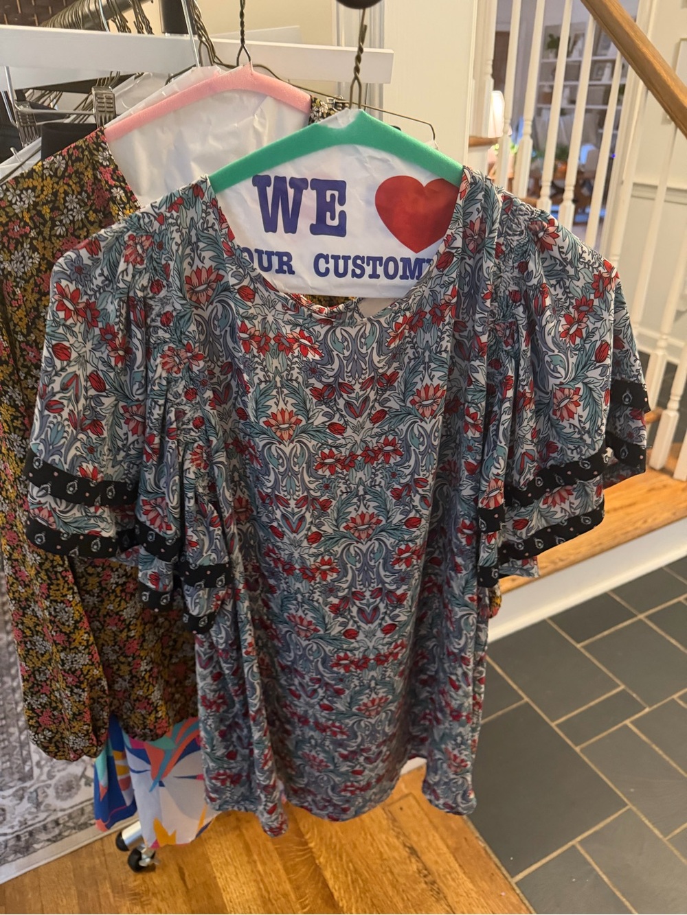 LOFT Floral Flutter Sleeve Tunic in Teal and Red
